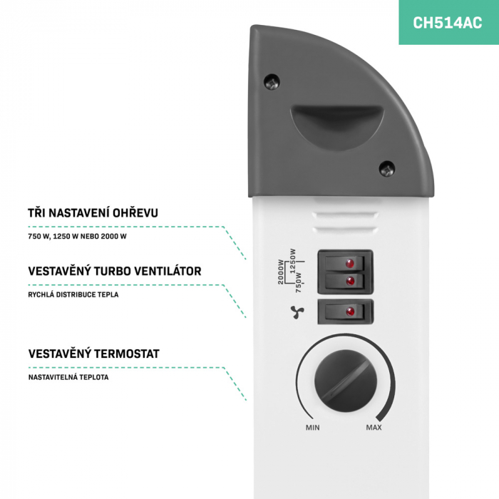 Konvektorový ohřívač - 2000 W - Bílý | Turbo ventilátor a 3 nastavení ohřevu