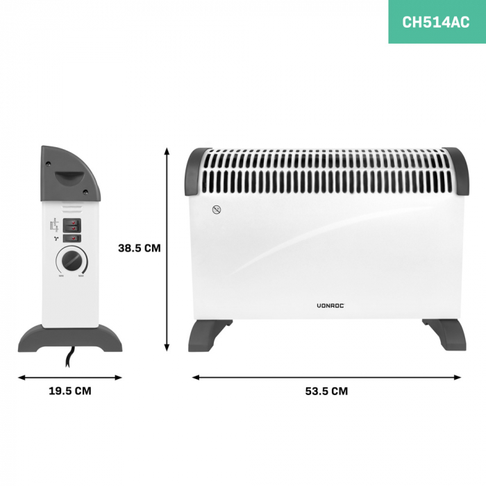 Konvektorový ohřívač - 2000 W - Bílý | Turbo ventilátor a 3 nastavení ohřevu