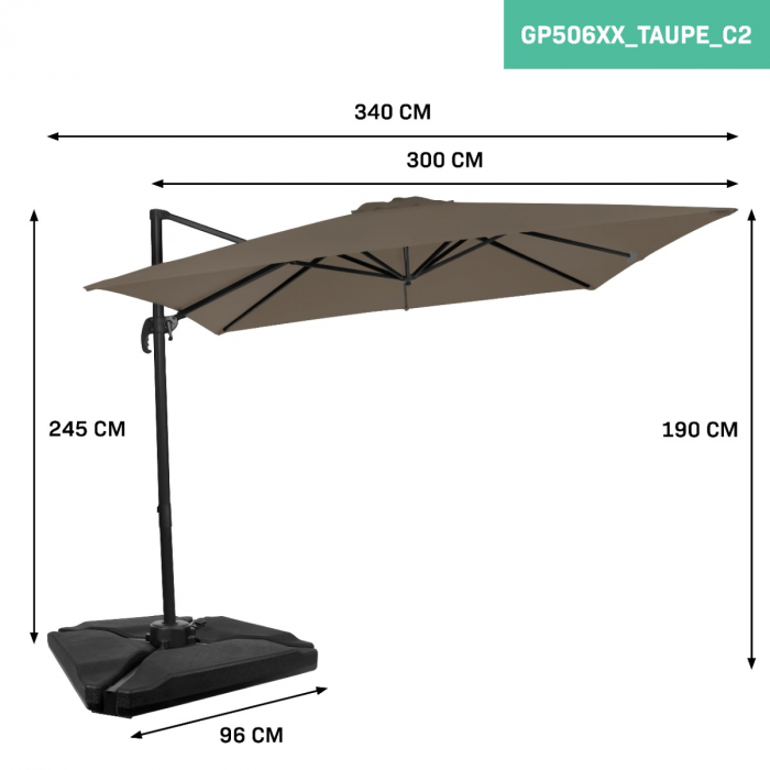 Cantilever parasol Pisogne 300x300cm – Premium parasol - Taupe | Incl. fillable parasol tiles
